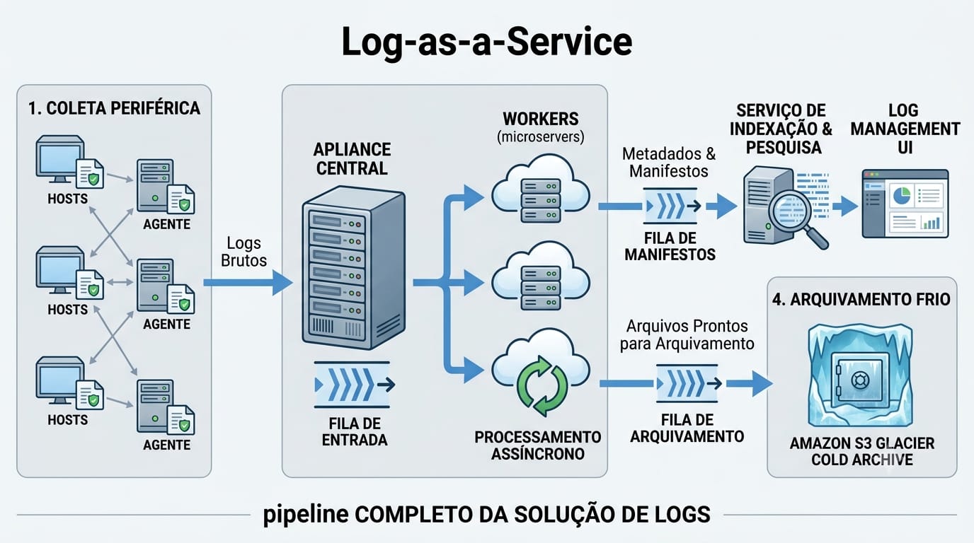 Diagrama de topologia do pipeline LaaS: coleta periférica, appliance central, workers assíncronos, serviço de indexação e arquivamento frio